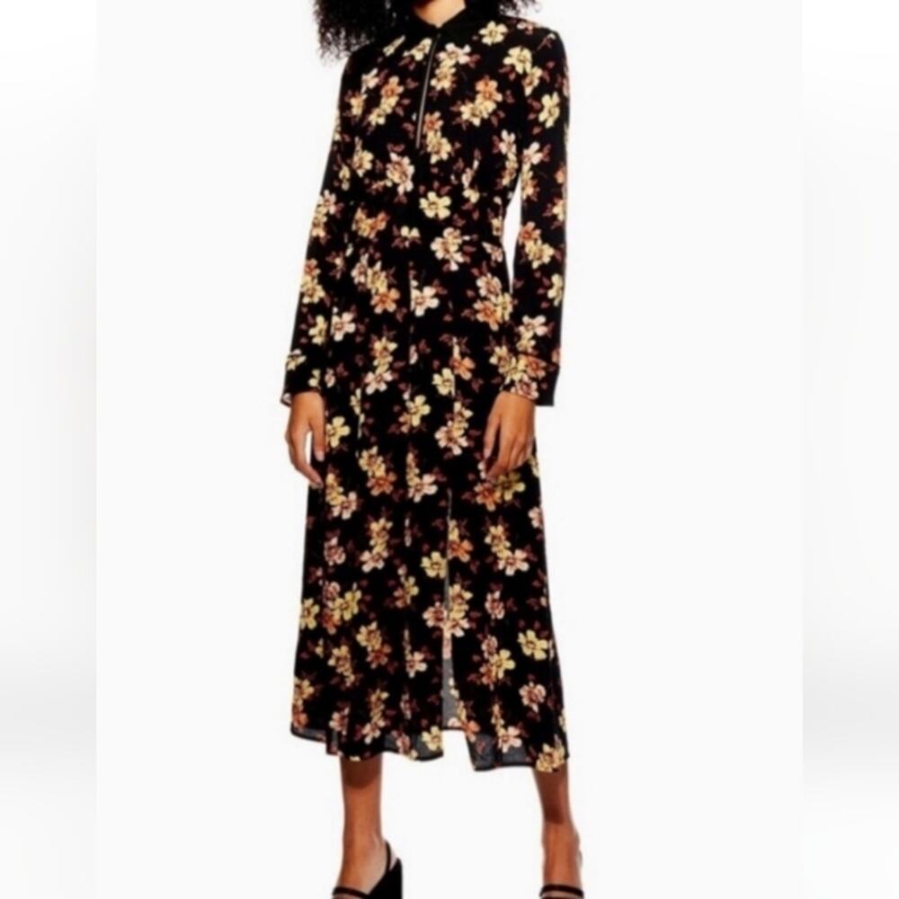 TOPSHOP Women's Black Floral Long Sleeve Midi Dress. Size 4